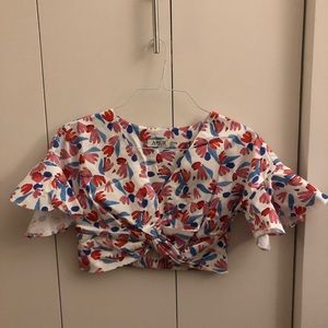 AMUR flutter sleeve crop top. Blue white and pink floral print.